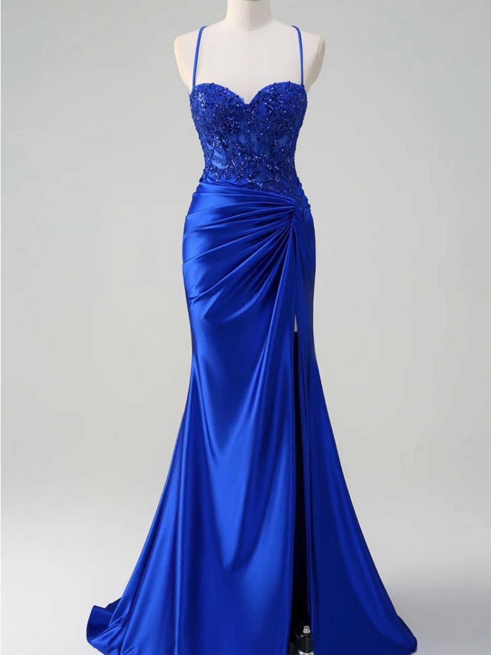 Royal Blue Lace Bodice Spaghetti-Strap Prom Gown